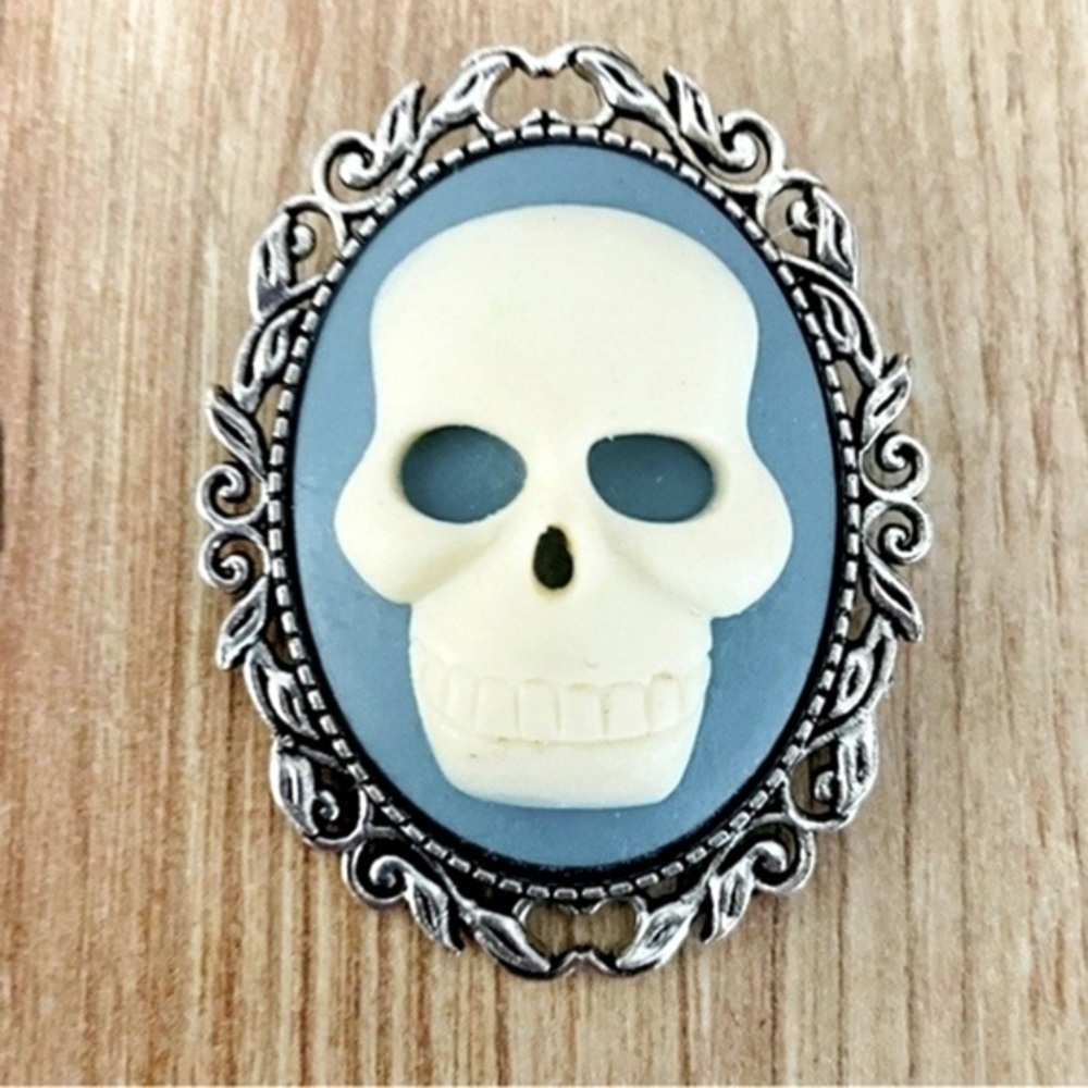 Pastel Goth Light Blue and White Skull Cameo Brooch, NWT